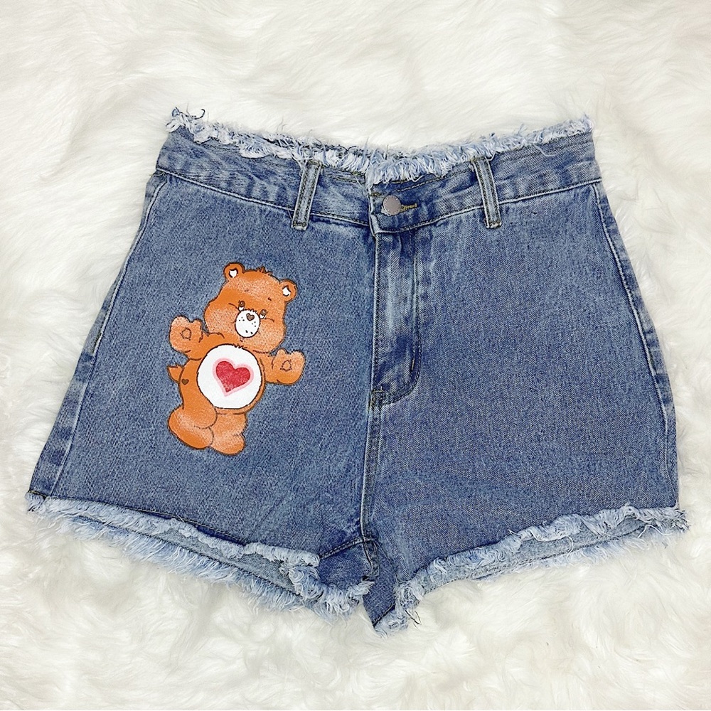 care bears raw cut denim shorts !!